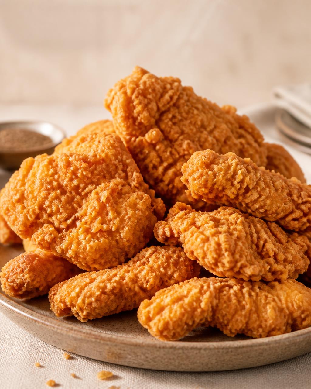 Crispy fried chicken pieces and tenders on a plate