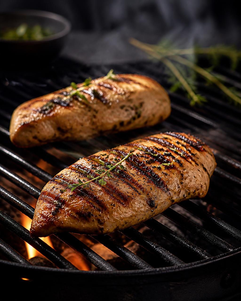 Flame-grilled chicken fillets on a grill