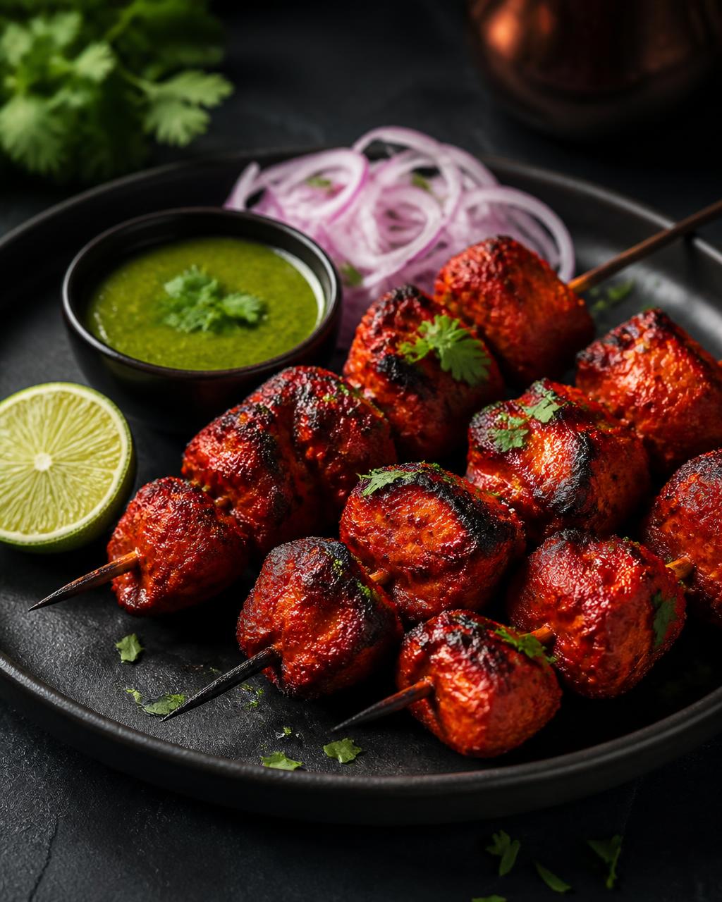 Tandoor-style chicken tikka skewers with lime and chutney